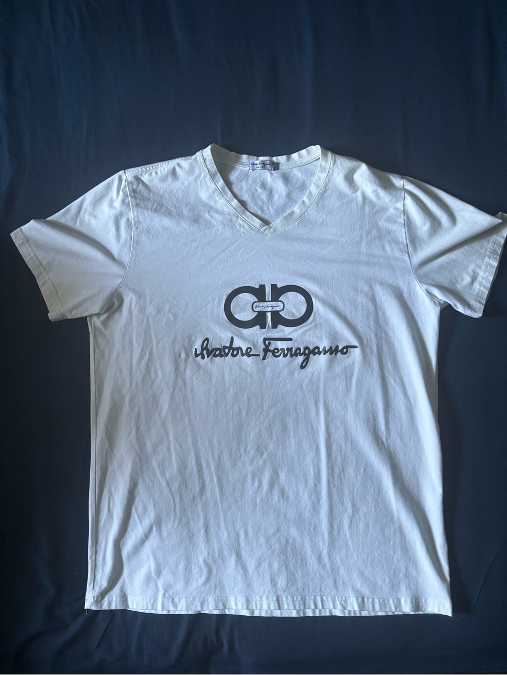 Salvatore Ferragamo White Short Sleeve V-Neck Tee with Center Logo